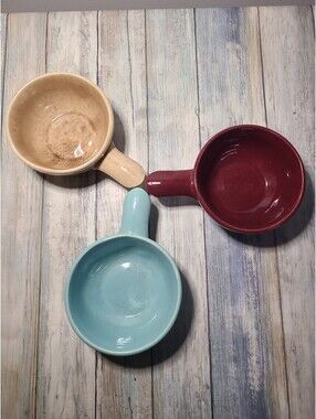 Vintage Set Of Three Soup Bowls Heinz Made By McCoy Blue, Tan, And Burgundy